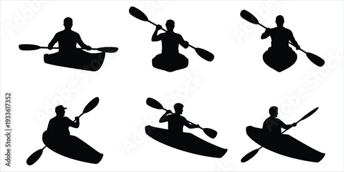 Six Black Silhouettes of People Canoeing and Paddling paddler boat