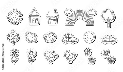 Kids Doodle Sticker Pack Sheet with Sun Rainbow House Tree and Cute Outline Elements Vector