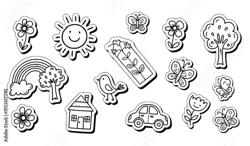 Cute Kids Scribble Sticker Sheet Layout with Smiling Sun Rainbow House and Nature Outline Vector