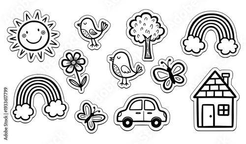 Cute Kids Scribble Sticker Sheet with Sun Rainbow House and Nature Outline Vinyl Style Vector