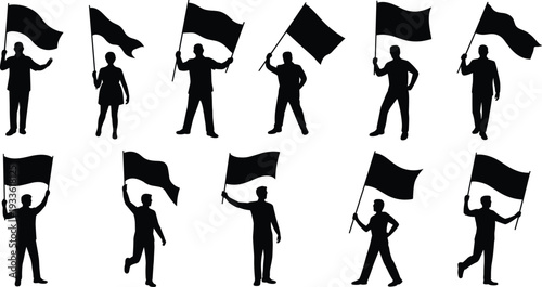 People holding blank flag silhouettes set isolated on white background, protest rally demonstration concept, black vector illustration collection