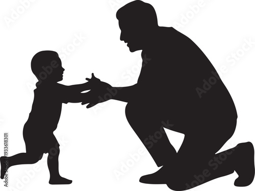 Black silhouette of man helping toddler walk baby