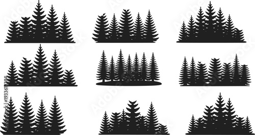 Pine forest silhouette collection isolated on white background, black vector set of evergreen trees woodland landscape nature illustration