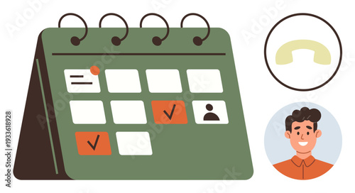 Time management, scheduling, organization, reminders, appointments, communication. A calendar with marked dates, contact icon and a smiling person portrait. Time management and scheduling concept