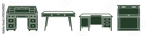 Desk vector collection, different styles of writing desks office and home furniture set