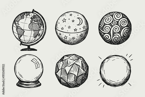 Hand-Drawn Sphere Collection: Globe, Crystal Ball, and Abstract Designs