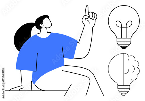 Creativity concept. Creativity by a woman gesturing upward and two light bulbs. Creativity fosters inspiration and problem-solving. For education, innovation, brainstorming, self-improvement