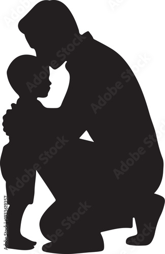 Black silhouette of man kissing small child on cheek