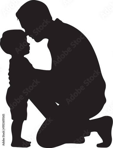 Black silhouette of man kissing young boy on forehead