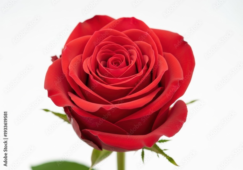 Fototapeta premium Vibrant red rose blooms prominently against a bright white background with soft lighting.