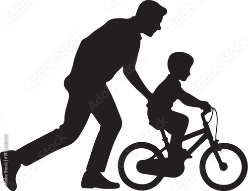 Black silhouette of man pushing little boy on bicycle
