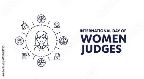 Illustration for International Day of Women Judges with a female judge icon surrounded by legal symbols on a white background.