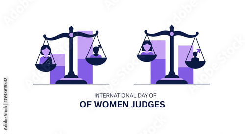 Vector illustration of scales of justice with female judge silhouettes for International Day of Women Judges, promoting gender equality in judiciary and legal profession.