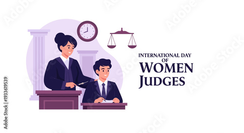 Illustration of a female judge and a male lawyer in a courtroom for International Day of Women Judges with a purple background and scales of justice.