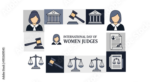 Illustration set for International Day of Women Judges, featuring female judges, law symbols and courthouse icons in a gray and blue color scheme on a white background.