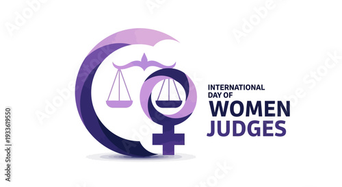 Graphic illustration celebrating International Day of Women Judges with a purple and pink design featuring the scales of justice and female symbol on a white background.