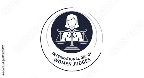 Vector illustration of a woman judge with scales on International Day of Women Judges, symbolizing gender equality in judiciary and legal profession with a simple, iconic design on a white