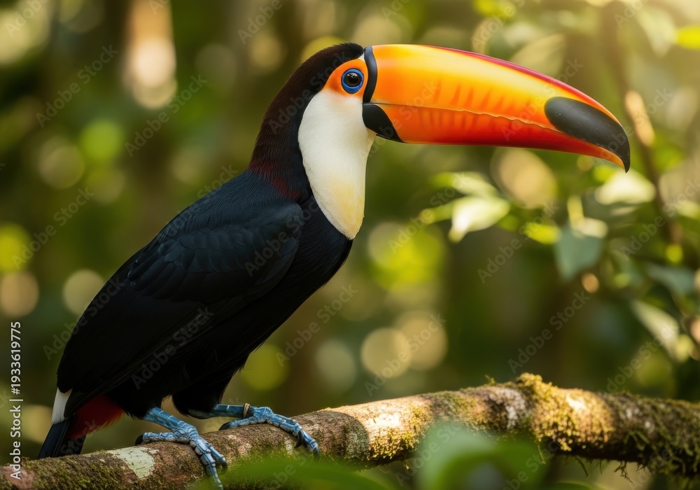 Obraz premium Vibrant bird with enormous multicolored beak perches on a mossy branch in a lush jungle setting