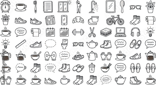 Morning routine doodles with coffee and home objects