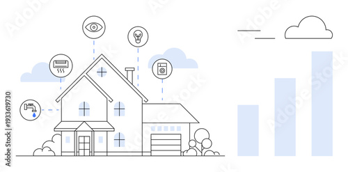 Smart home technology. Smart home devices for energy efficiency, automation, and data insights. Smart home improving comfort, connectivity, and energy savings. Home automation, IoT and security