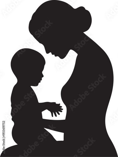 Black silhouette of woman and child holding hands mother