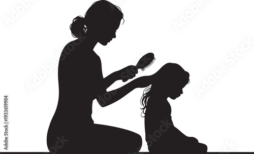 Black silhouette of woman brushing girl's hair brushing