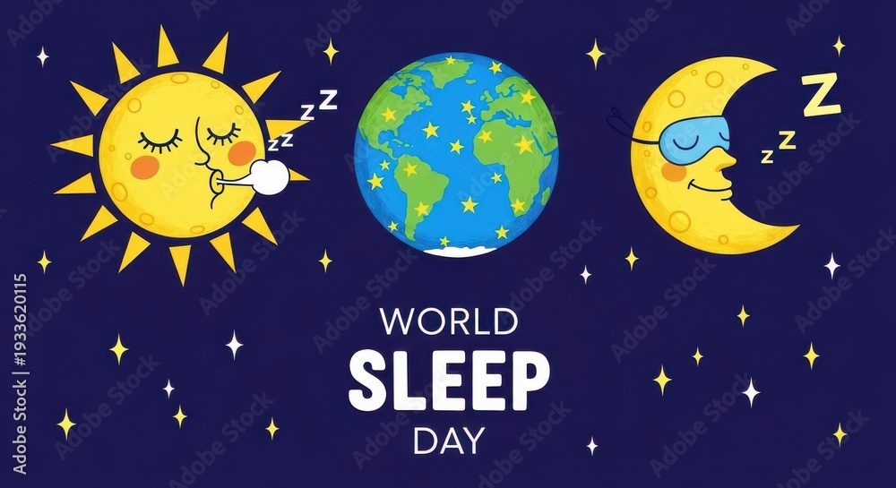 Naklejka premium World sleep day illustration with sleeping sun, earth and moon on dark blue background with stars