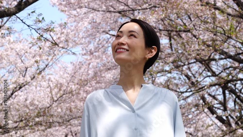 満開の桜と女性　スローモーション