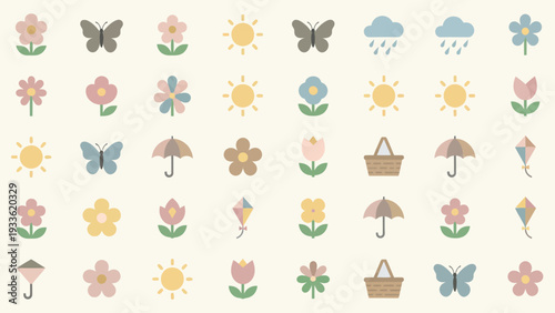 Muted tones spring season icons on creamy background