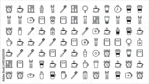 A large set of daily life objects icons, line art, doodle, and a transparent background