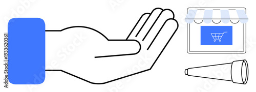 Online shopping, e-commerce support, customer assistance, product search, digital retail, mobile commerce. Open hand near storefront, shopping cart icon and search tool. Online shopping