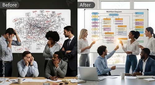 Business Team Transforms Chaos to Clarity with Workflow Diagram