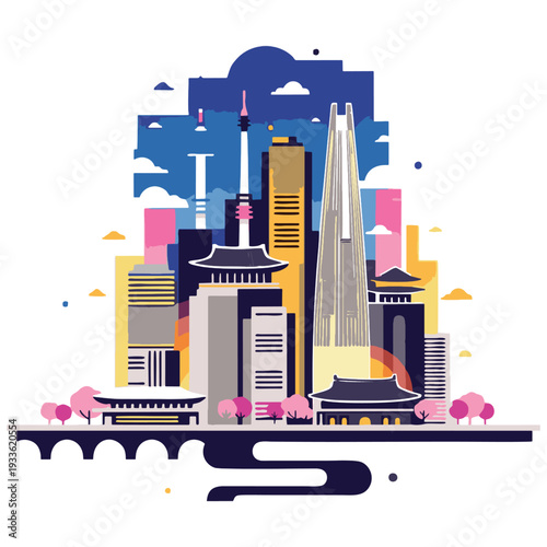 Cityscape illustration captures a vibrant metropolitan skyline featuring a mix of modern skyscrapers ancient temples a tower and cherry blossom trees at dusk