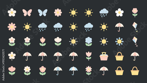 Spring season icons with flowers butterflies sun and rain