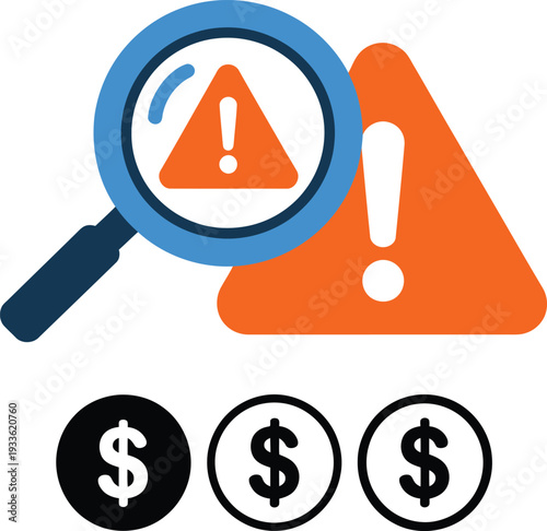 Magnifying glass examining orange triangular warning symbol with dollar signs below triangle