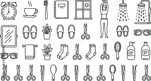 Morning routine hygiene icons outline style transparent