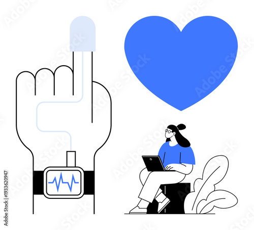 Health technology. Health tracking with wearable monitor and heart rate device. Technology supporting wellness and remote work connectivity. For healthcare apps, fitness, productivity, telemedicine