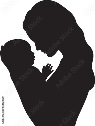 Black silhouette of woman holding and kissing baby