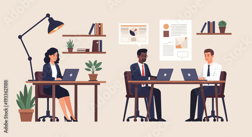 Three Professionals Working on Laptops in Office.