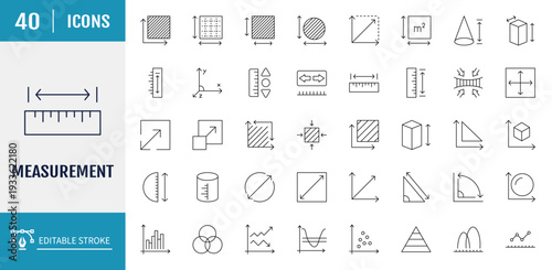 Measurement icon set. Includes icons of Measurements, size, parameter, and more. Vector illustration with editable strokes
