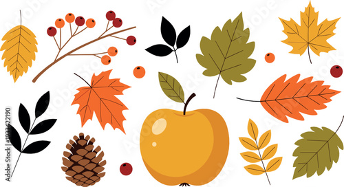 Autumn Leaves Apple and Pinecone Fall Season Nature Vector Illustration Set