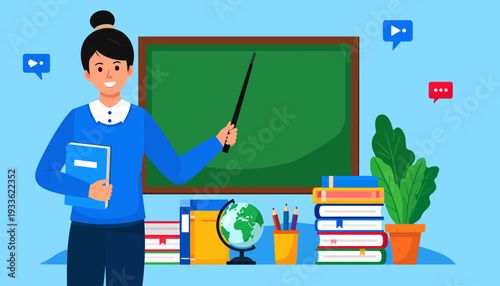 Teacher Explaining Lesson with Pointer in Classroom