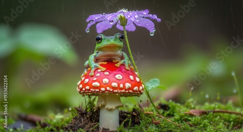 Small amphibian shelters under a flower during rainfall while seated upon a spotted fungus