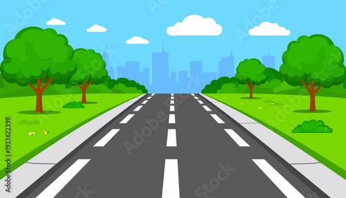 Cartoon road to city landscape illustration