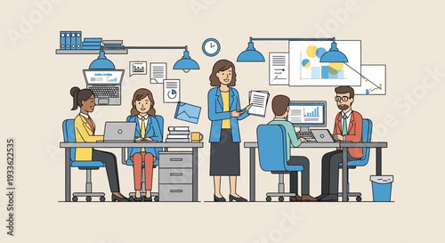 Office workers at workstations in modern office.