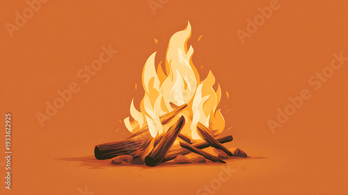 Cozy campfire glowing against an orange backdrop