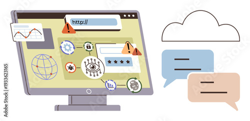 Online security, identity protection, data breaches, secure browsing, digital safety, cybersecurity communication. Computer screen with warning signs and speech bubbles. Cybersecurity and identity