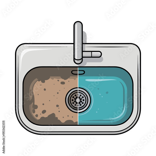 An illustration of a sink divided into two halves, one clean and one dirty, showcasing the contrast between cleanliness and grime.