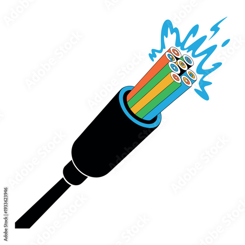 A colorful electric cable with exposed wires sparking against a white background