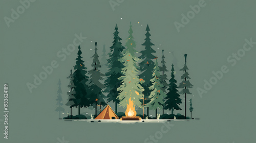 Cozy camping scene with tent and campfire in forest